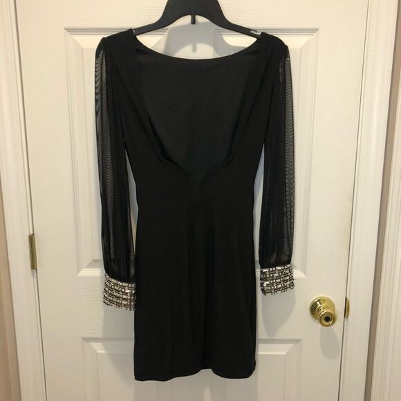 Jodi Kristopher black mini dress with long sheer sleeves and rhinestone cuffs - Picture 8 of 16